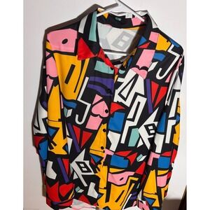 Big Dart Geometric Print Button Up Shirt Multicolor Long Sleeve Plus 3X  Top L
